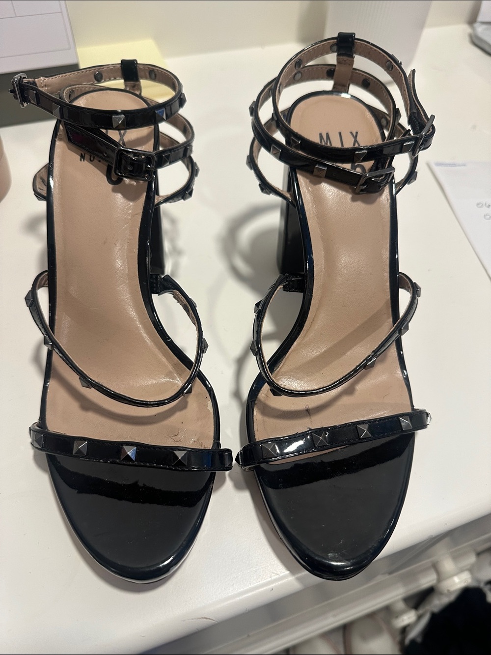 Mix No. 6 Black Patent Studded Strappy Heels 063